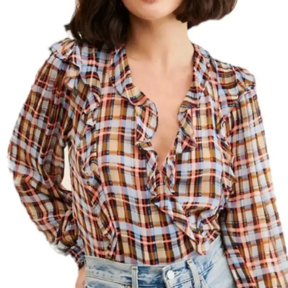 Anthropologie Plaid Ruffle Blouse - Brown, Blue, White - Picture 4 of 11